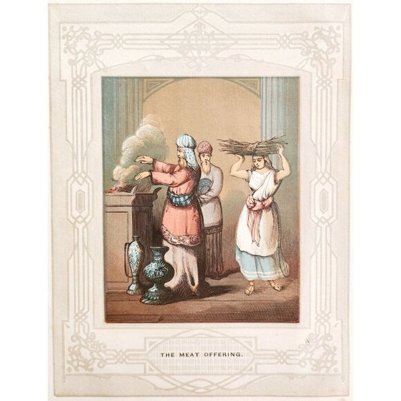 1853 Meat Offering Rare Colored Engraving Victorian Bible Art Antique DWNN23 - Picture 3 of 4